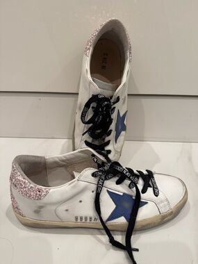 AUTHENTIC Golden Goose White Leather Sneakers with Blue Star Pink Glitter Heel